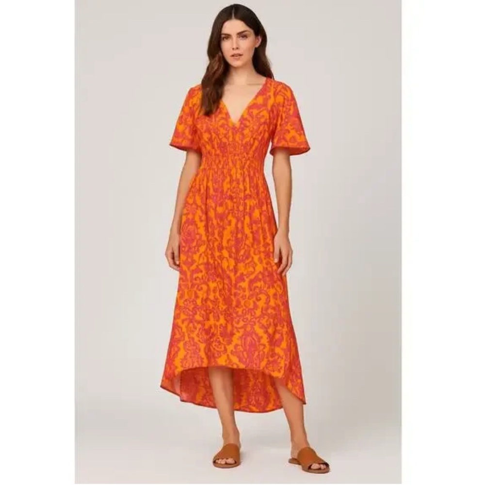 Abel The Label Anthropologie Orange Pink Boho Midi Dress Size XS Smocked Ruffle
